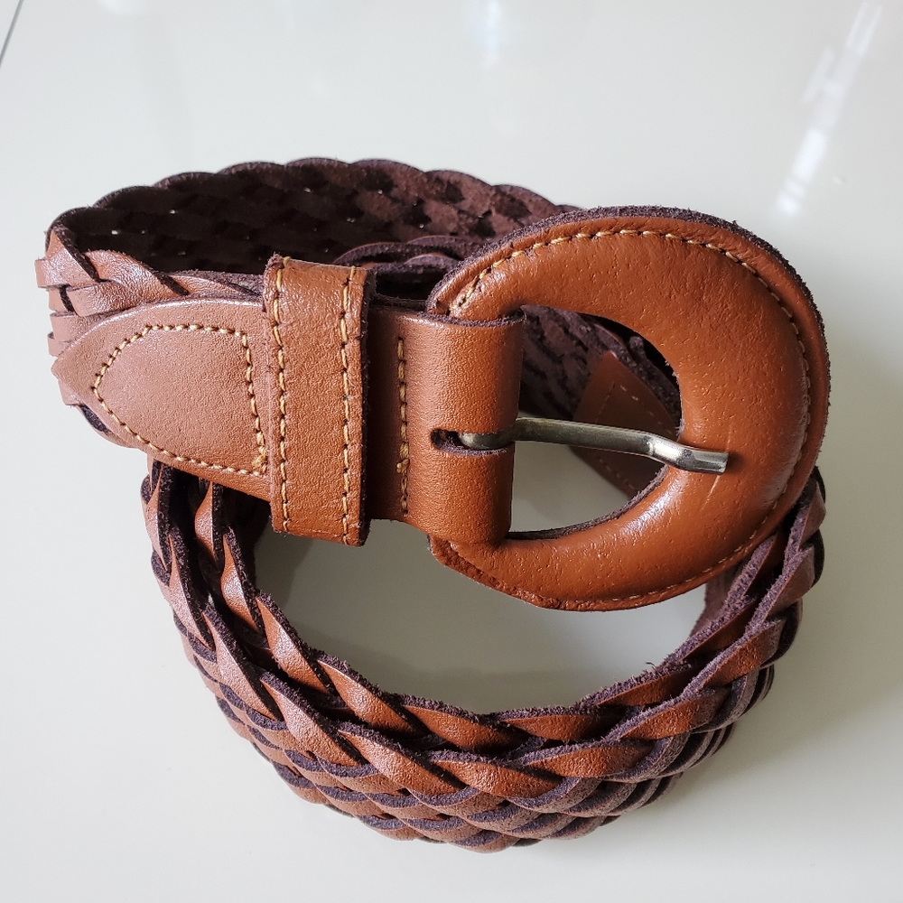 Brown Leather Braded Belt, Size S/M